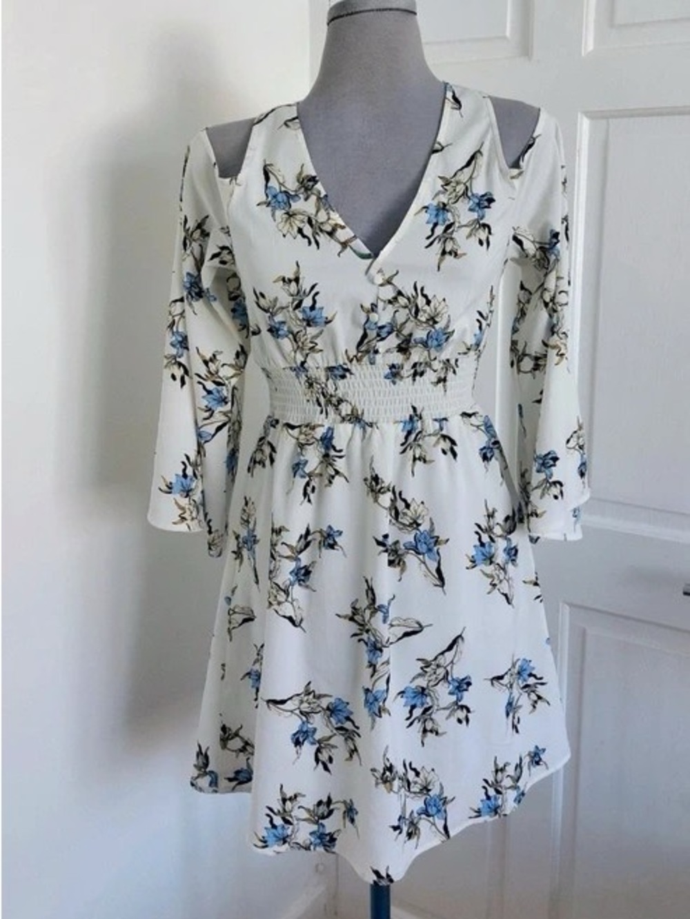 Cold-Shoulder White Midi Dress with Blue Floral Print